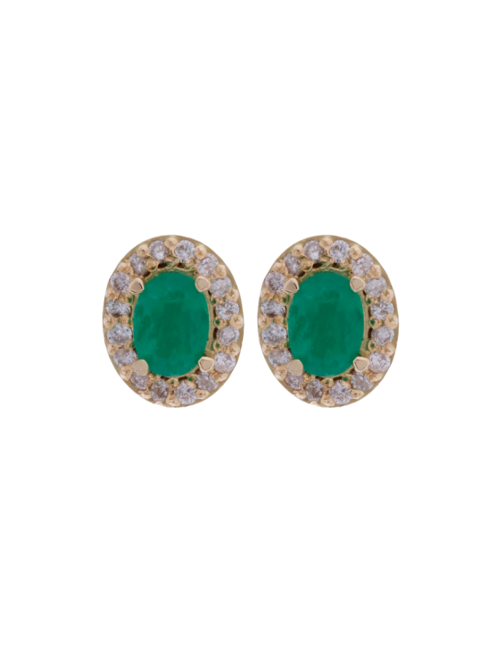 PAR DE ARETAS  ESMERALDAS OVALADAS HALO DIAMANTES